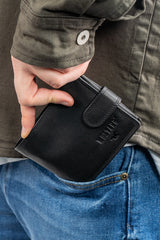 Mustang Denimo Wallet Męski Portfel Skórzany Pojemny Na Karty Premium Black Rfid