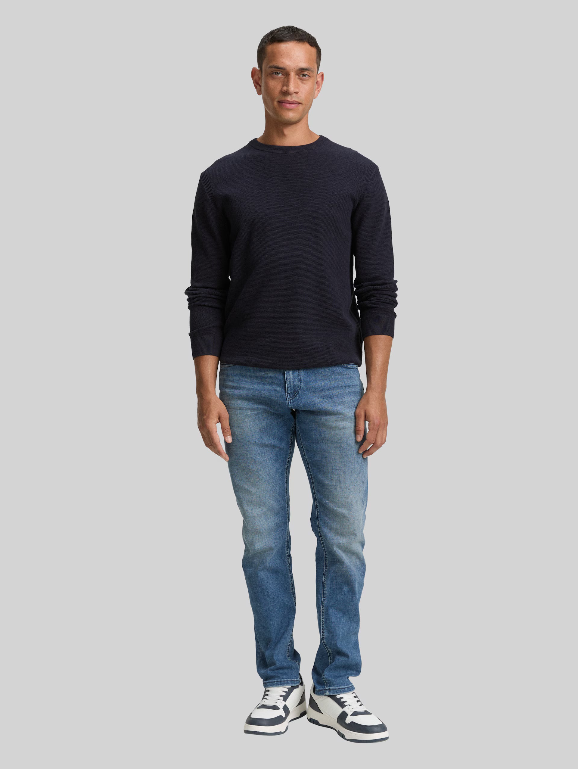 Męski Sweter Tom Tailor Structured Crewneck Knit Knitted Navy Melange 1047570 13160