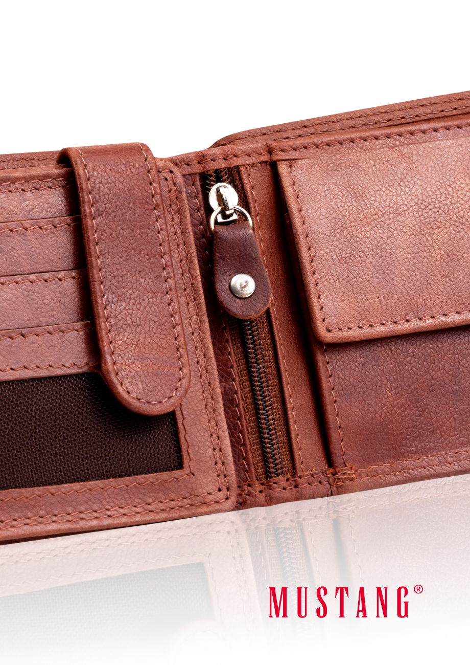 Skórzany Portfel Brązowy Premium Rfid Mustang Denimo Wallet Side Opening With Button