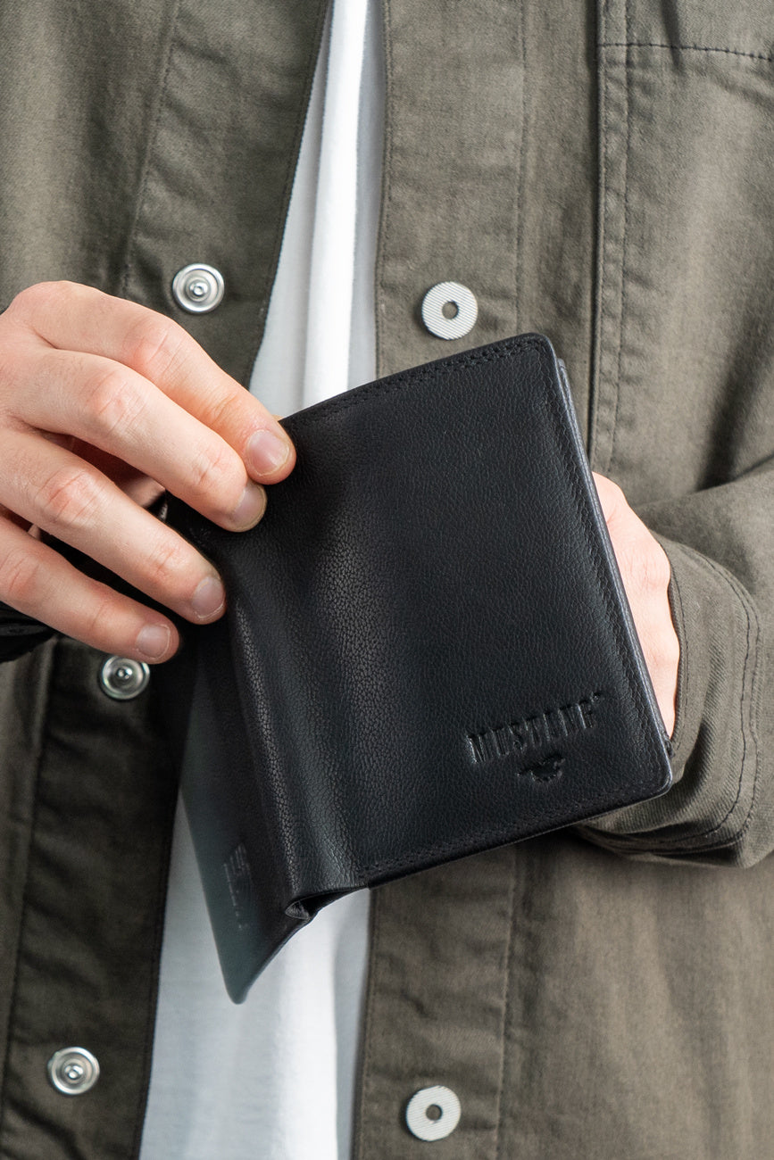 Skórzany Czarny Portfel Męski Rfid Mustang Denimo High Wallet