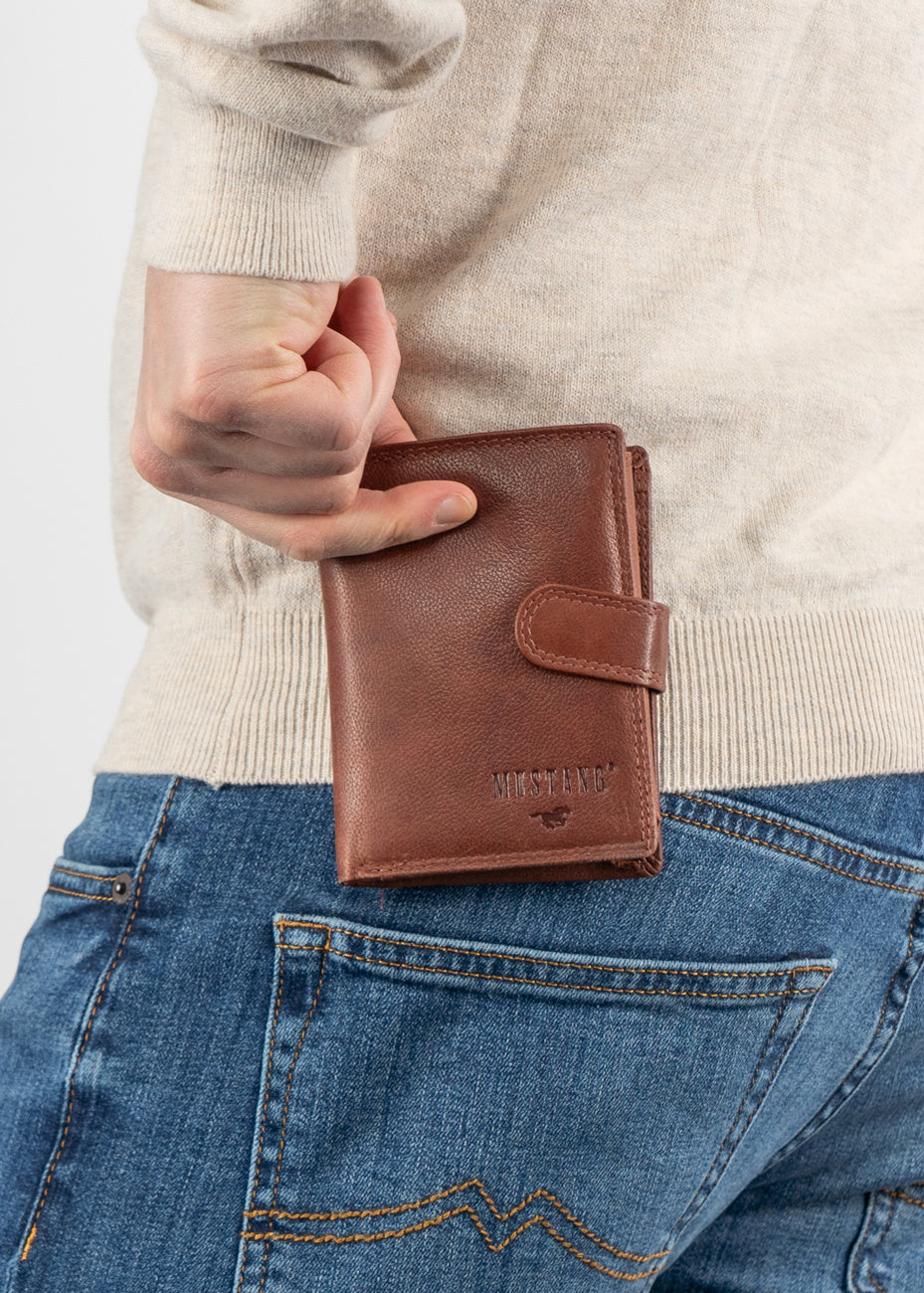 Skórzany Portfel Brązowy Uniwersalny Rfid Mustang Denimo High Wallet Side Opening