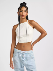 DAMSKI TOP LEE BACKLESS HALTER TOP ECRU HERRINGBON 112363454