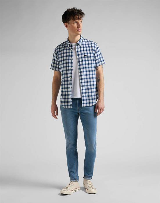LEE BUTTON DOWN SS MĘSKA KOSZULA W KRATĘ KRÓTKI RĘKAW WASHED BLUE L886OFLR 112145648