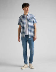 LEE BUTTON DOWN SS MĘSKA KOSZULA W KRATĘ KRÓTKI RĘKAW WASHED BLUE L886OFLR 112145648