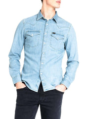 LEE WESTERN SHIRT MĘSKA KOSZULA JEANSOWA Z DŁUGIM RĘKAWEM LOGO HEATHER BLUE L643PLLI 112115421