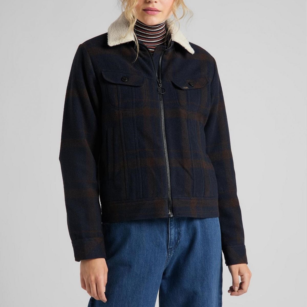 LEE WOOL CHECK SHERPA DAMSKA KURTKA PRZEJŚCIOWA WINTER BROWN L56XMSOH 112113150