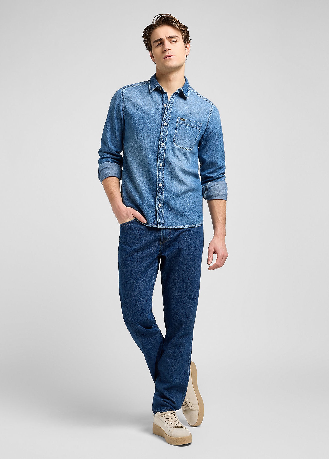 Męska Koszula Jeansowa Lee Leesure Shirt Mid Blue Denim 112370551