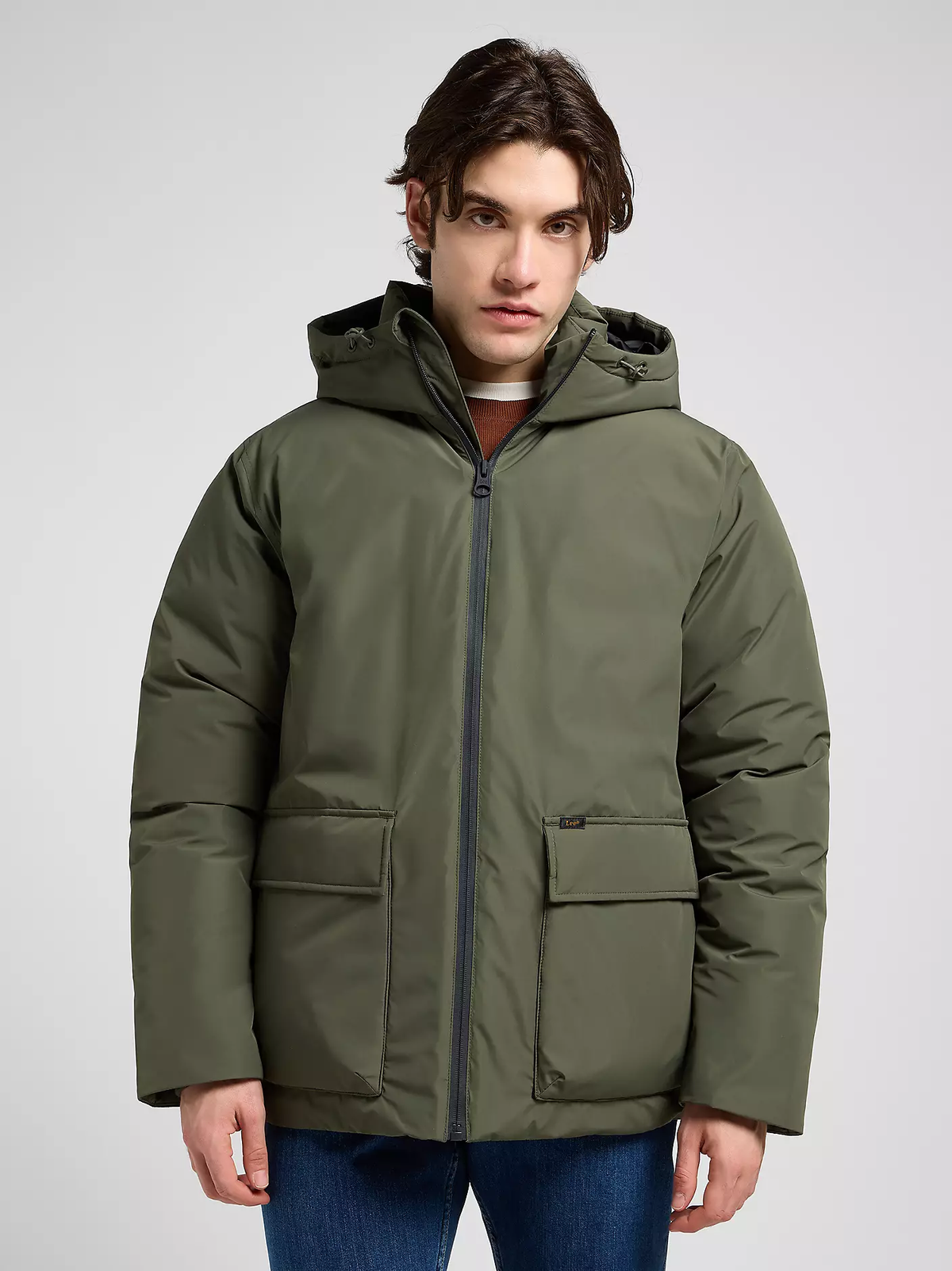 MĘSKA KURTKA LEE HOODED SHORT PUFFER OLIVE GRAY 112370434