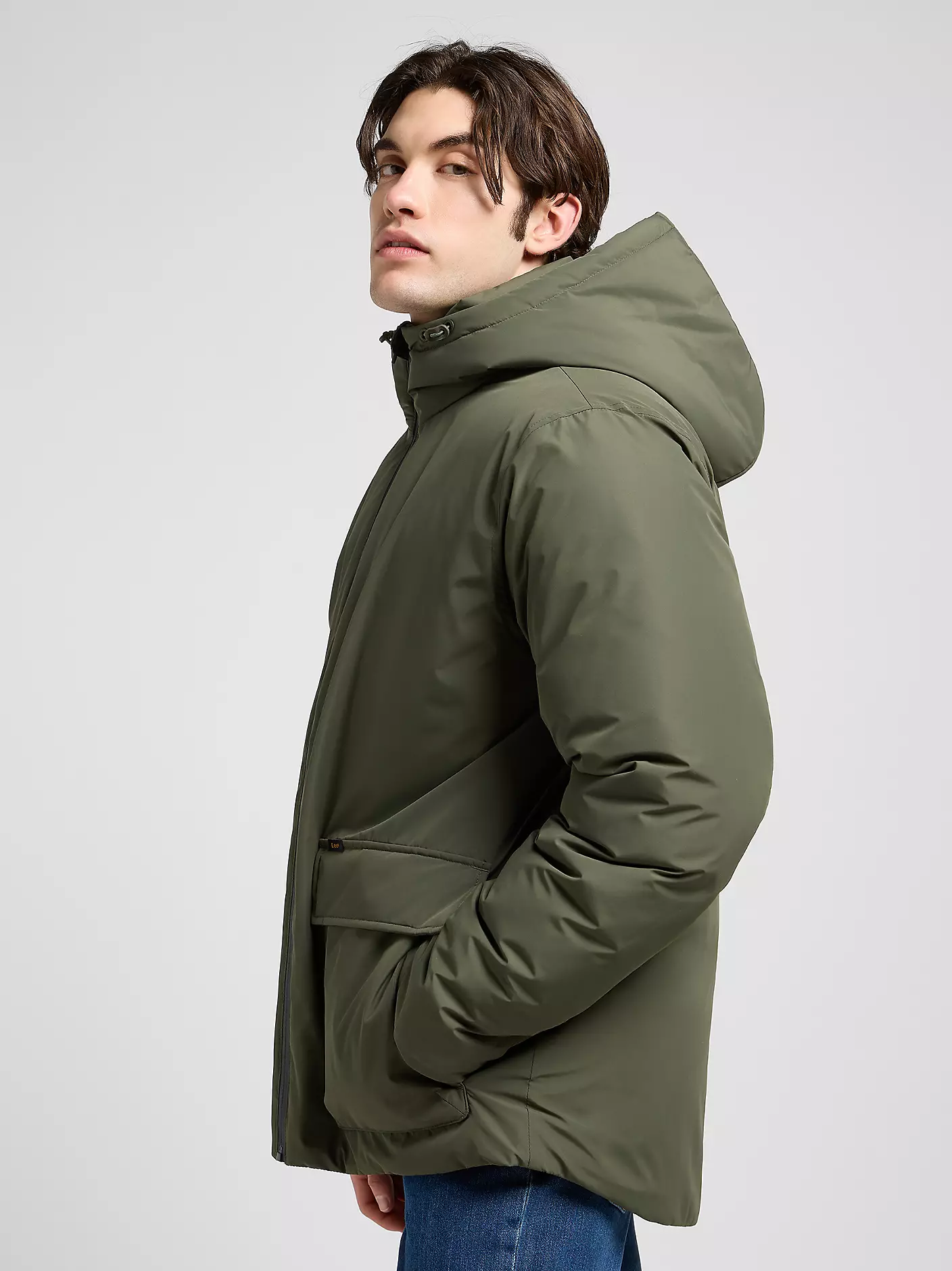 MĘSKA KURTKA LEE HOODED SHORT PUFFER OLIVE GRAY 112370434