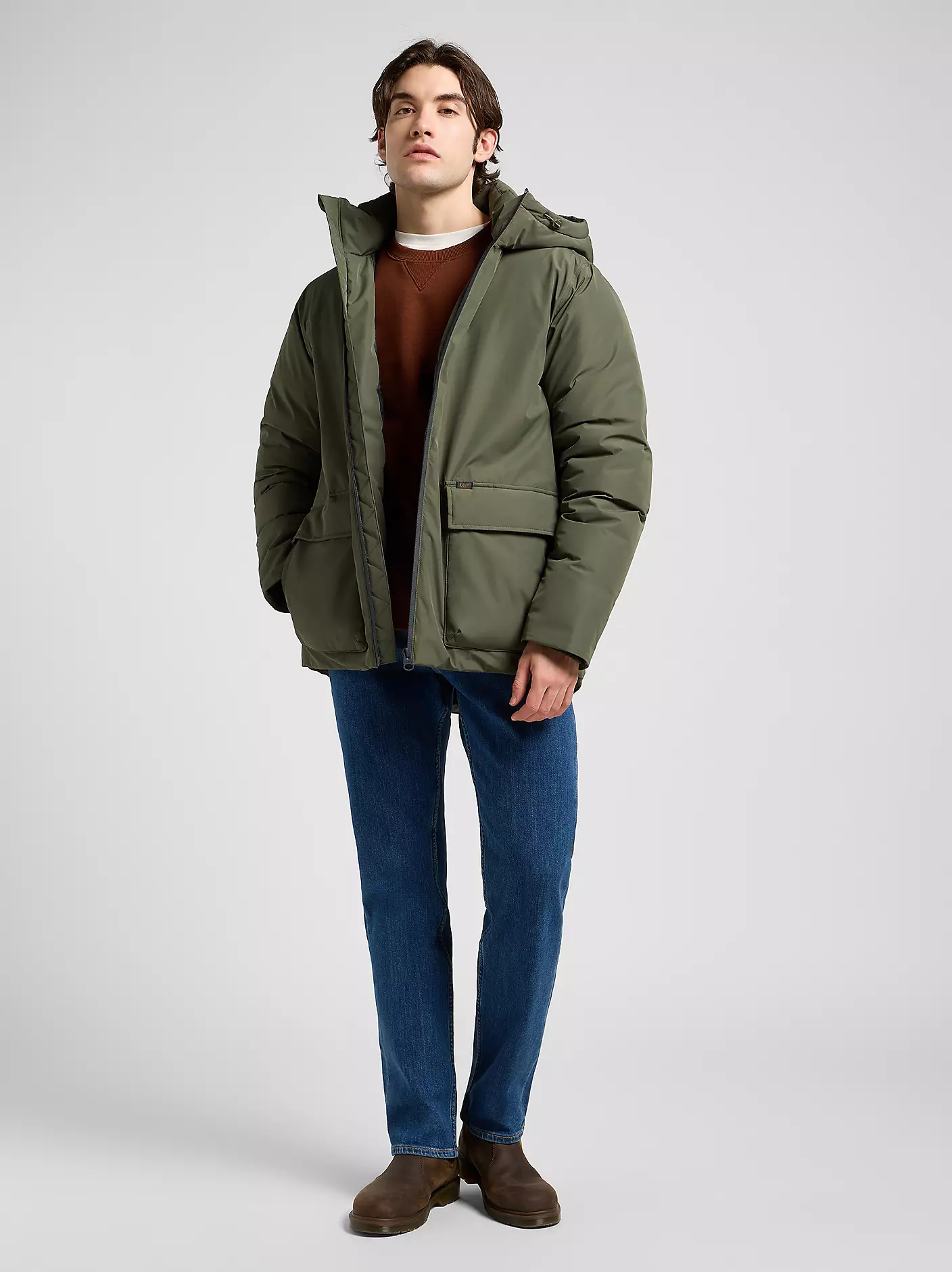 MĘSKA KURTKA LEE HOODED SHORT PUFFER OLIVE GRAY 112370434