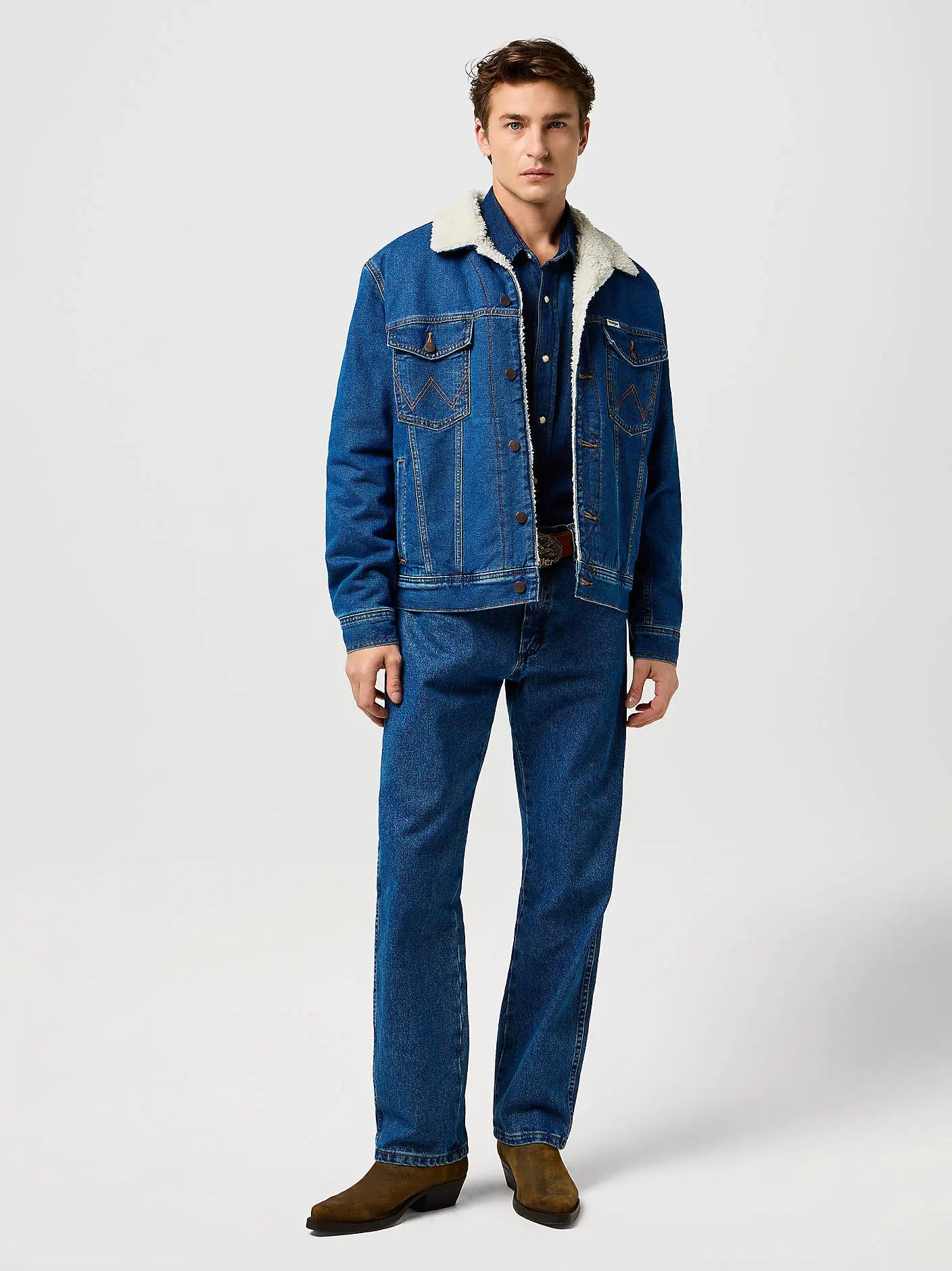 Męska Kurtka Jeansowa Wrangler Sherpa Classic Jacket Mid Stone 112371440
