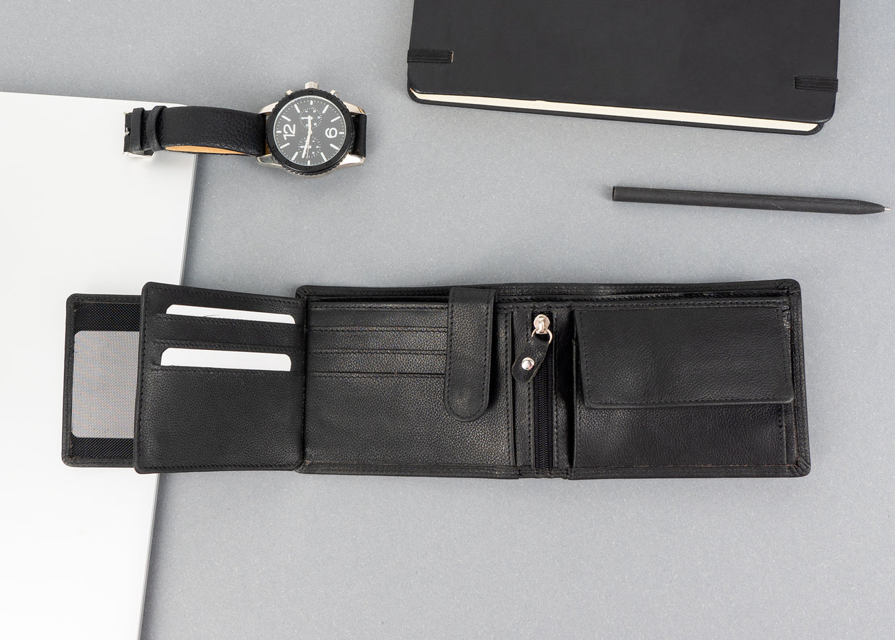 MUSTANG DENIMO WALLET MĘSKI PORTFEL SKÓRZANY POJEMNY KARTY BLACK