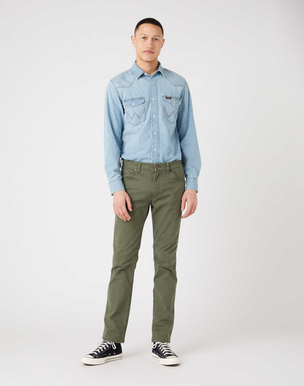 WRANGLER GREENSBORO MĘSKIE SPODNIE JEANSOWE MILITARE GREEN W15Q71G40 112319944