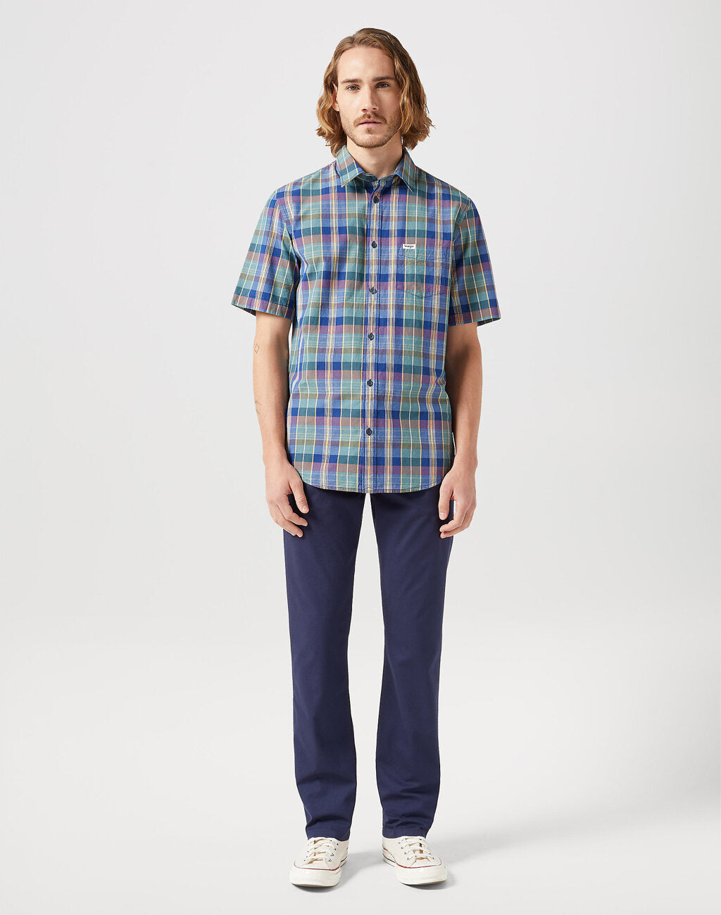 Koszula W Kratę Męska Wrangler SS 1 Pkt Shirt Blue Madaras 112350503 W5K0016831