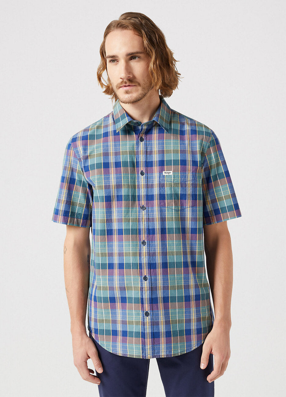Koszula W Kratę Męska Wrangler SS 1 Pkt Shirt Blue Madaras 112350503 W5K0016831