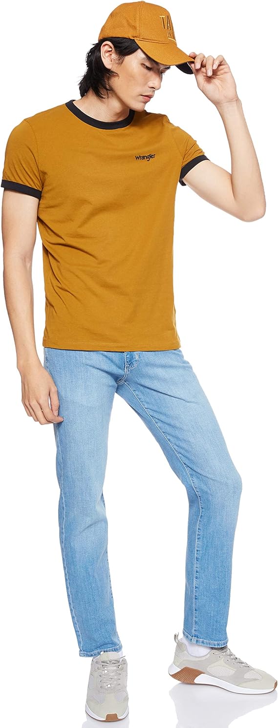 WRANGLER SS RINGER TEE MĘSKI T-SHIRT KOSZULKA LOGO GOLDEN BROWN W7B99FKVQ 112131576